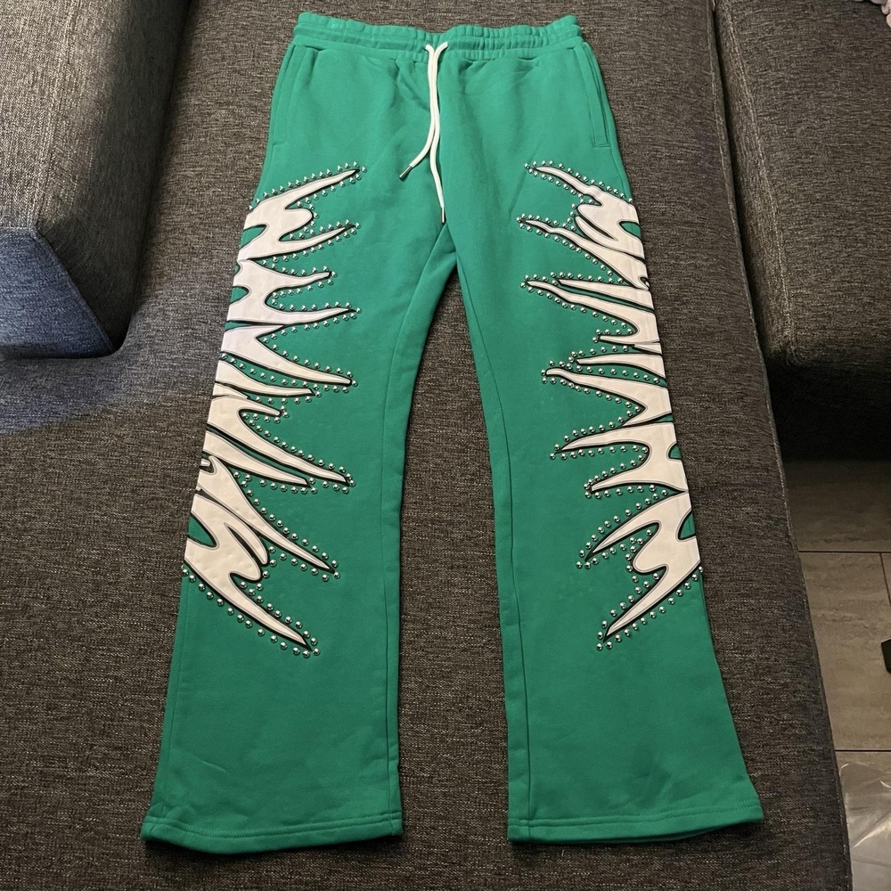 Campus Sweatpants Mens Medium Green Flame Studded Graphic Zip Pocket Fleece